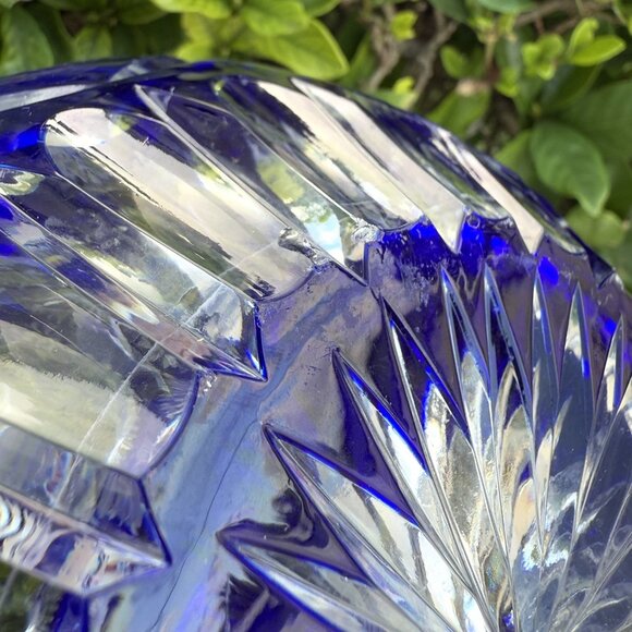 Bohemian Crystal Cobalt Blue Cut to Clear Large Rose Bowl 7” - Picture 10 of 11